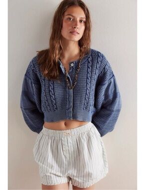 Free People Patchwork Chunky Cable Knit Heritage Cardi Cardigan Sweater Large